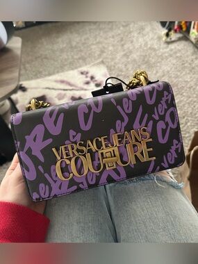 Versace Jeans Collection Black & Purple Logo Chain Shoulder Bag